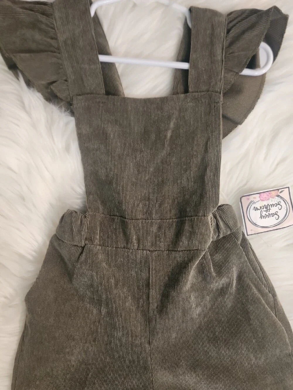 Corduroy Ruffle Strap Jumpsuit -  Olive Green - Girls Size: 5-6